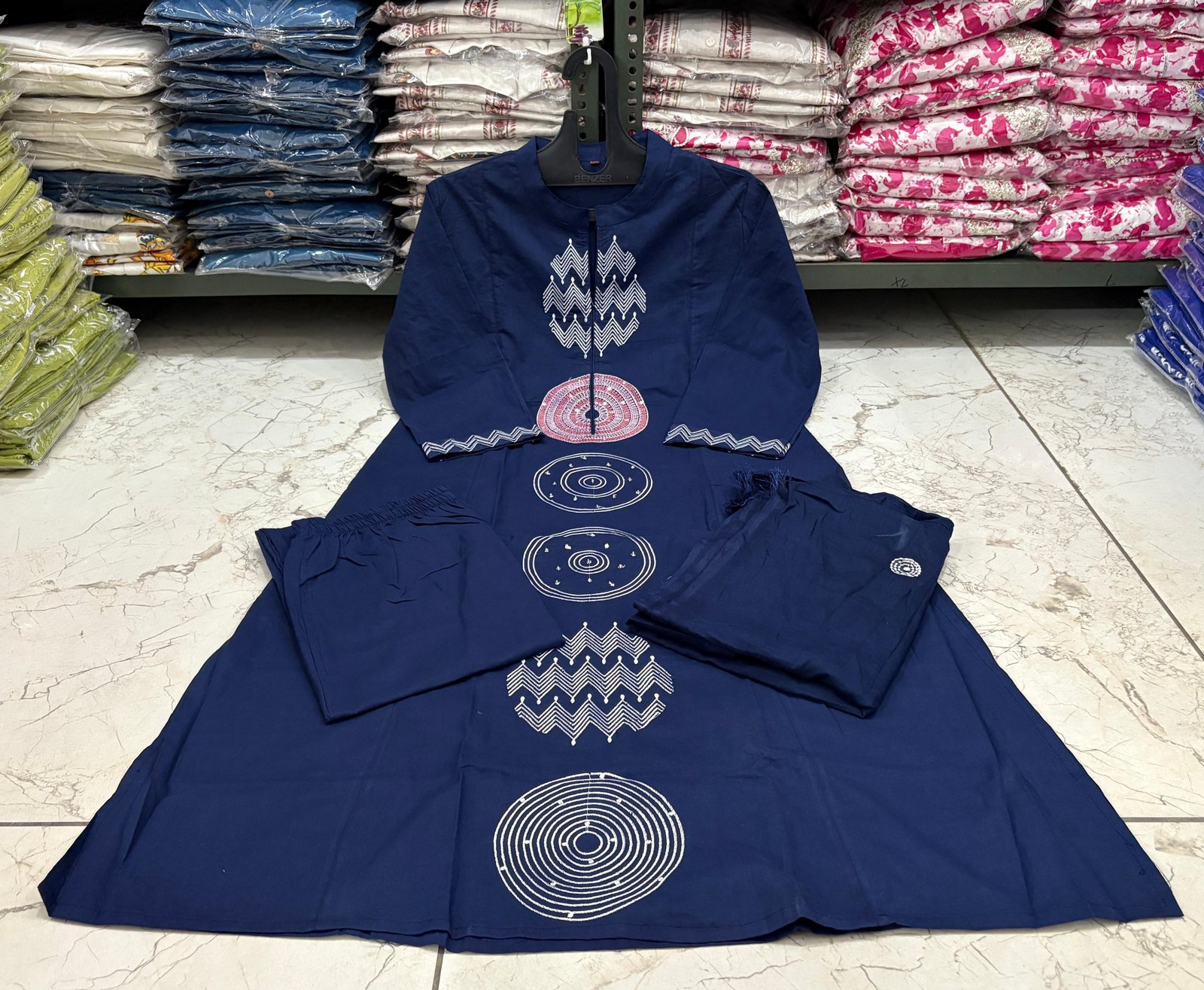 Blue Jaipuri Cotton A-Line Suit with Embroidered Dupatta